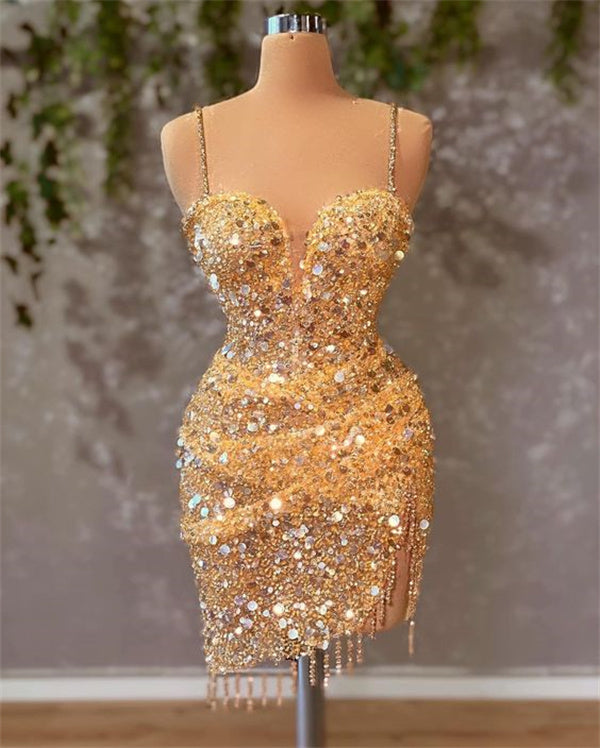 Gold Homecoming Dress 2023 Short Spaghetti Straps Sequin with Slit