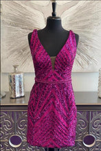 Load image into Gallery viewer, Fuchsia Homecoming Dress 2023 Short V Neck Sequin Sleeveless