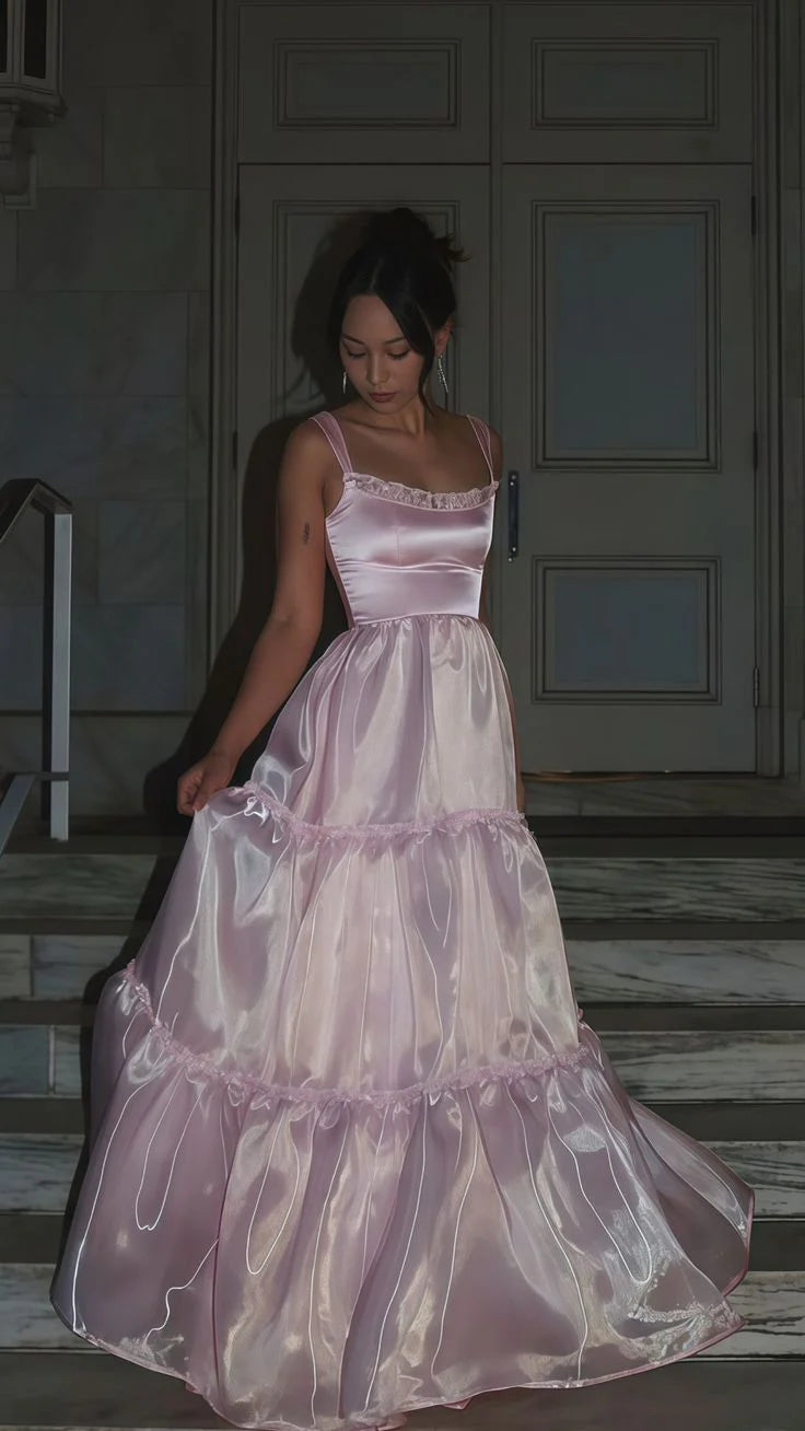 Stylish A Line Spaghetti Straps Pink Long Prom Dress with Lace – DCdress