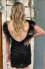 Load image into Gallery viewer, Black Homecoming Dress 2023 Short Plunging Neck Sequin with Feathers Open Back