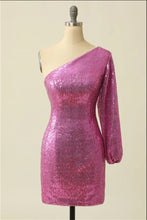 Load image into Gallery viewer, Unique Homecoming Dress 2023 Short One-shoulder Sequin
