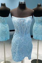 Load image into Gallery viewer, Blue Homecoming Dress 2023 Short Strapless Sequin with Slit