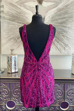 Load image into Gallery viewer, Fuchsia Homecoming Dress 2023 Short V Neck Sequin Sleeveless