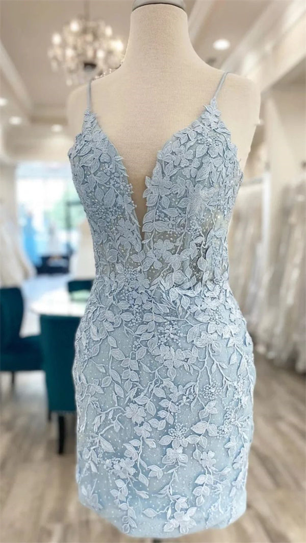 Light Blue Homecoming Dress 2023 Short Spaghetti Straps Appliques  DCdress