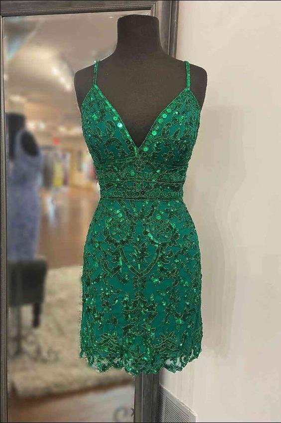 Emerald Green Dress 2023 Short Spaghetti Straps Sequin DCdress