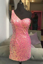 Load image into Gallery viewer, Pink Homecoming Dress 2023 Short One-shoulder Sleeveless Sequin