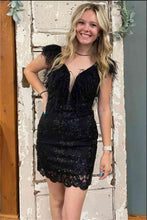 Load image into Gallery viewer, Black Homecoming Dress 2023 Short Plunging Neck Sequin with Feathers Open Back