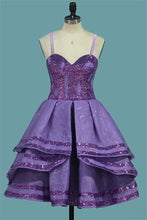 Load image into Gallery viewer, Purple Homecoming Dress 2023 Short Spaghetti Straps Satin Sequined