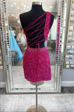 Load image into Gallery viewer, Hot Pink Homecoming Dress 2023 Short One-shouder Sequin with Tassels