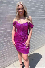 Load image into Gallery viewer, Purple Homecoming Dress 2023 Short Off the Shoulder Sequin
