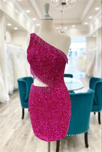 Load image into Gallery viewer, Hot Pink Homecoming Dress 2023 Short One-shouder Sequin with Tassels