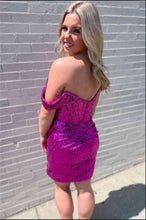Load image into Gallery viewer, Purple Homecoming Dress 2023 Short Off the Shoulder Sequin