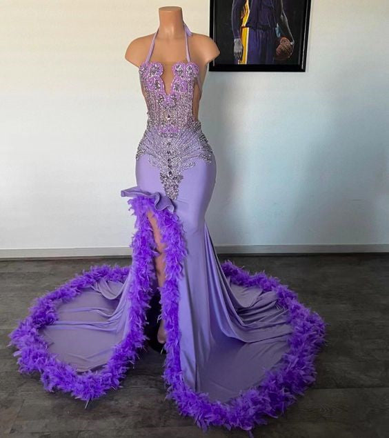 Luxurious Black Girl Prom Dress 2024 Halter Neck Beaded with Feathers DCdress Luxurious Black Girl Prom Dress 2024 Halter Neck Beaded with Feathers DCdress