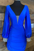 Load image into Gallery viewer, Royal Blue Homecoming Dress 2023 Short V Neck Long Sleeves Satin