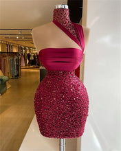 Load image into Gallery viewer, Burgundy Homecoming Dress 2023 Short One-shoulder Sequin Sleeveless
