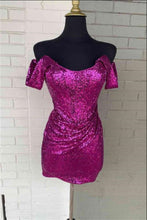 Load image into Gallery viewer, Purple Homecoming Dress 2023 Short Off the Shoulder Sequin