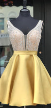 Load image into Gallery viewer, Yellow Homecoming Dress 2023 Short V Neck Sleeveless Beaded Satin