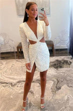 Load image into Gallery viewer, White Homecoming Dress 2023 Short Plunging Neck Long Sleeveless Sequin