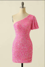 Load image into Gallery viewer, Hot Pink Homecoming Dress 2023 Short One-shoulder Sequin with Sleeves