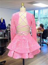 Load image into Gallery viewer, Pink Homecoming Dress 2023 Short V Neck Long Sleeves Sequin