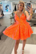 Load image into Gallery viewer, Orange Homecoming Dress 2023 Short V Neck Sequin
