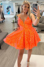 Load image into Gallery viewer, Orange Homecoming Dress 2023 Short V Neck Sequin