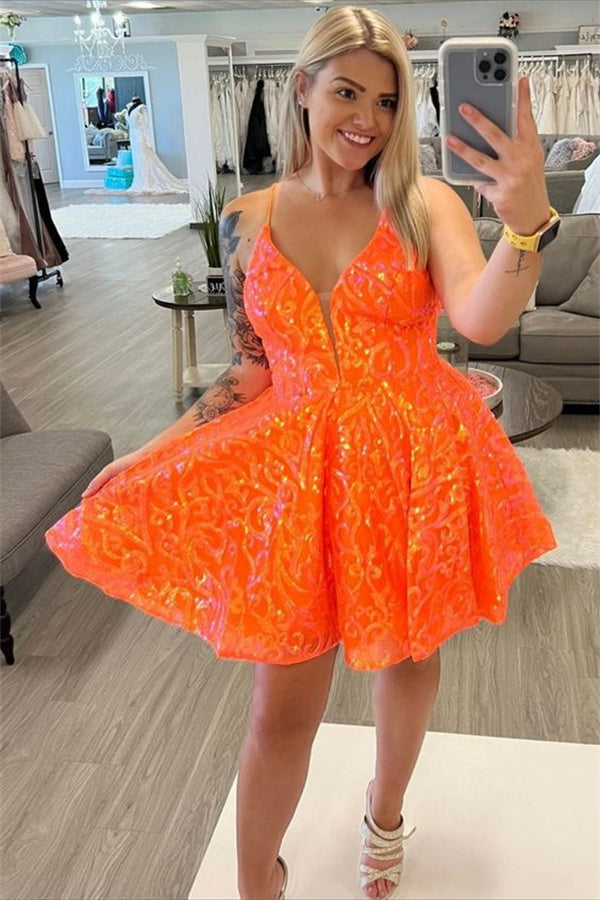 Orange Homecoming Dress 2023 Short V Neck Sequin