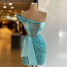 Load image into Gallery viewer, Blue Homecoming Dress 2023 Short Tight One-shoulder Sequin Sleeveless