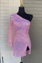 Load image into Gallery viewer, Pink Homecoming Dress 2023 Short Tight One-shoulder Sequin with Slit