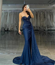 Load image into Gallery viewer, Mermaid Sweetheart Neck Glitter Prom Dress Sleeveless with Slit and Streamer