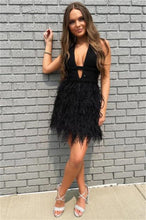 Load image into Gallery viewer, Black Homecoming Dress 2023 Short Sexy Halter Neck Beaded with Feathers