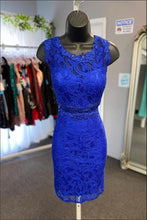 Load image into Gallery viewer, Royal Blue Homecoming Dress 2023 Short Illusion Neck Lace Rhinestones
