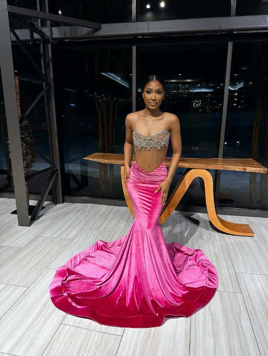 Hot Pink Black Girl Prom Dress 2024 Beaded Velvet Mermaid