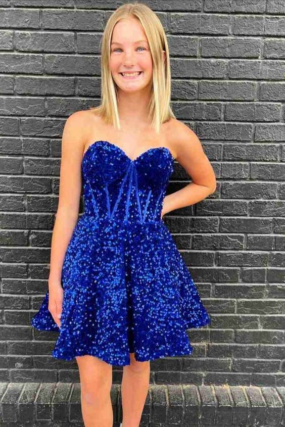 Royal Blue Homecoming Dress 2023 Short Strapless Sequin – DCdress