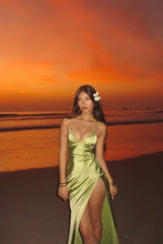 Load image into Gallery viewer, V-Neck Spaghetti Straps Green Split Lace-up Satin Mermaid Prom Dress