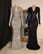 Load image into Gallery viewer, Long-Sleeve Sequin V Neck Mermaid Prom Dress