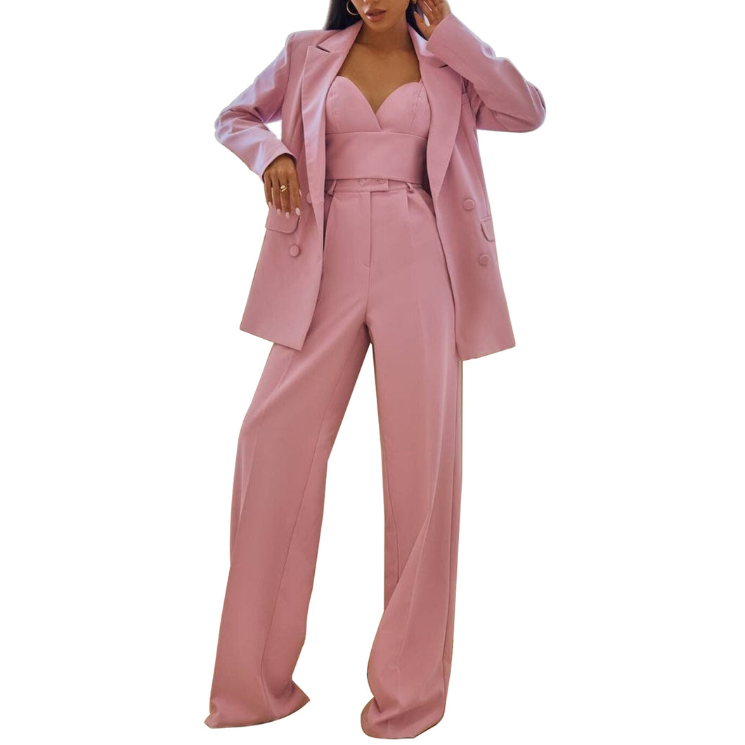 Dusty Pink Women's Suits 3 Pieces Blazer Pants Camisole Bustier