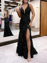 Load image into Gallery viewer, Mermaid V Neck Sequined Lace Prom Dress with Slit