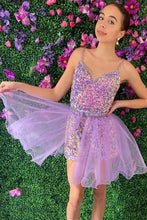 Load image into Gallery viewer, Purple Homecoming Dress 2023 Short Spaghetti Straps Sequin
