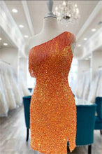 Load image into Gallery viewer, Orange Homecoming Dress 2023 Short One-shoulder Sequin with Slit