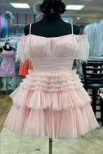 Load image into Gallery viewer, Pink Homecoming Dress 2023 Short Spaghetti Straps Tulle with Feathers