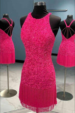 Load image into Gallery viewer, Hot Pink Homecoming Dress 2023 Short Tight Halter Neck Sequin Tassel