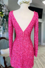 Load image into Gallery viewer, Hot Pink Homecoming Dress 2023 Short V Neck Sequin Long Sleeves