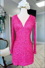 Load image into Gallery viewer, Hot Pink Homecoming Dress 2023 Short V Neck Sequin Long Sleeves
