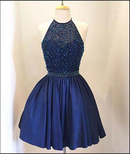 Load image into Gallery viewer, Dark Blue Homecoming Dress 2023 Short Halter Neck Beaded Satin