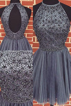 Load image into Gallery viewer, Grey Homecoming Dress 2023 Short Halter Neck Beaded Tulle