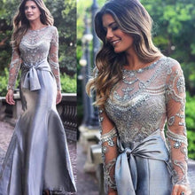 Load image into Gallery viewer, Silver Mermaid Mother of the Bride Dresses Beaded Appliques Wedding Guest Dress O Neck Satin Formal Dress Long Sleeves