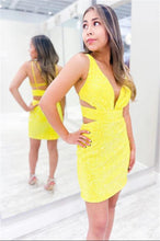 Load image into Gallery viewer, Yellow Homecoming Dress 2023 Short V Neck Sleeveless Sequin