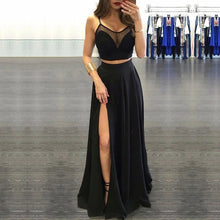 Load image into Gallery viewer, Black Chiffon 2 Pieces Prom Dresses Spaghetti Straps Long A Line Evening Dresses