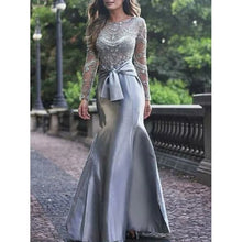 Load image into Gallery viewer, Silver Mermaid Mother of the Bride Dresses Beaded Appliques Wedding Guest Dress O Neck Satin Formal Dress Long Sleeves